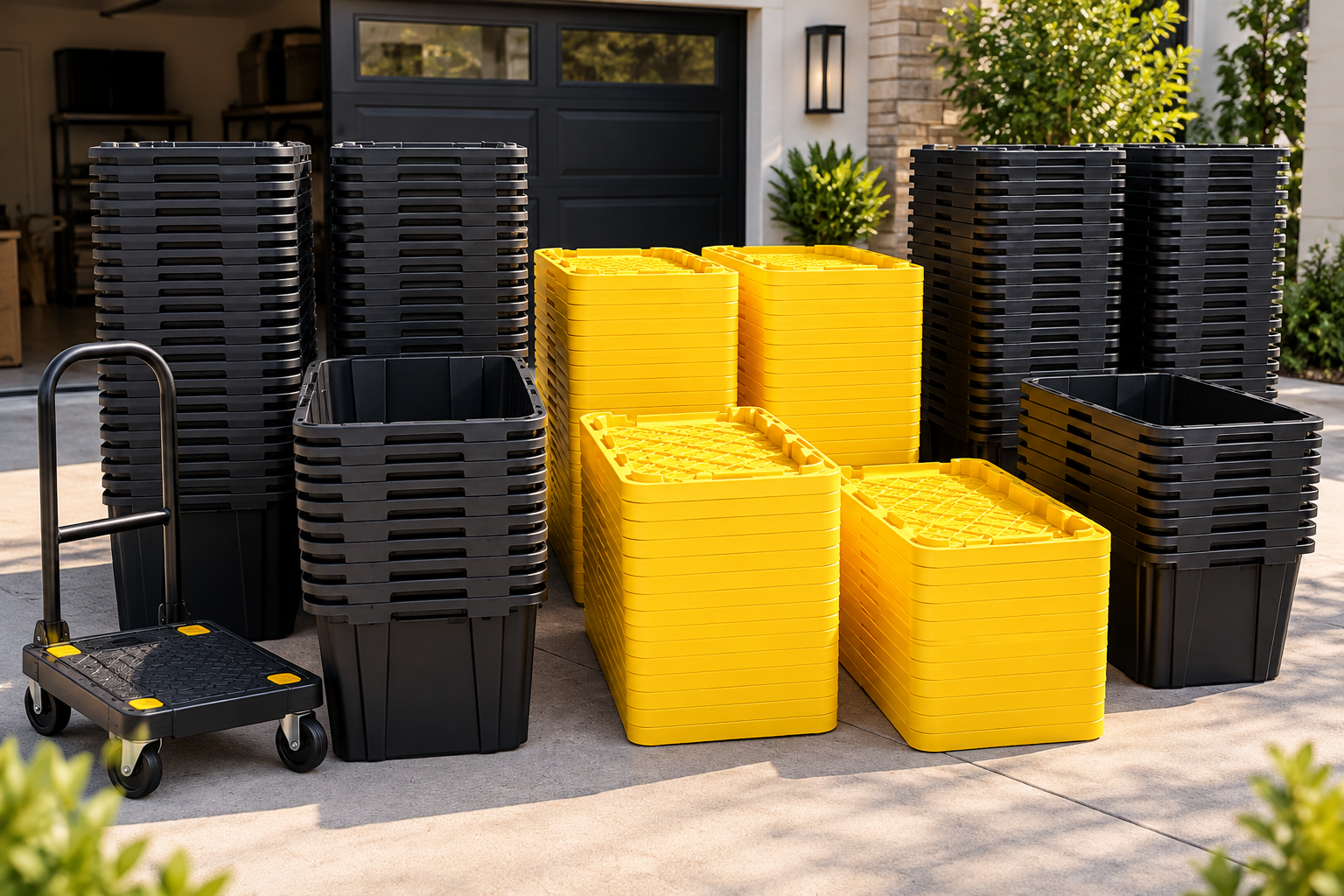 A display of stacked black and yellow The Yellow Box moving boxes with a rolling cart outside a home