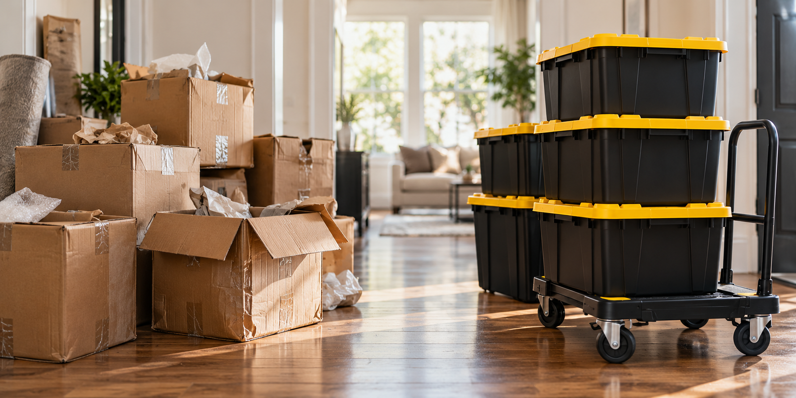 A hallway mid-move: a messy pile of taped-up cardboard boxes on the left, next to a neat stack of black and yellow The Yellow Box moving boxes on a rolling cart on the right
