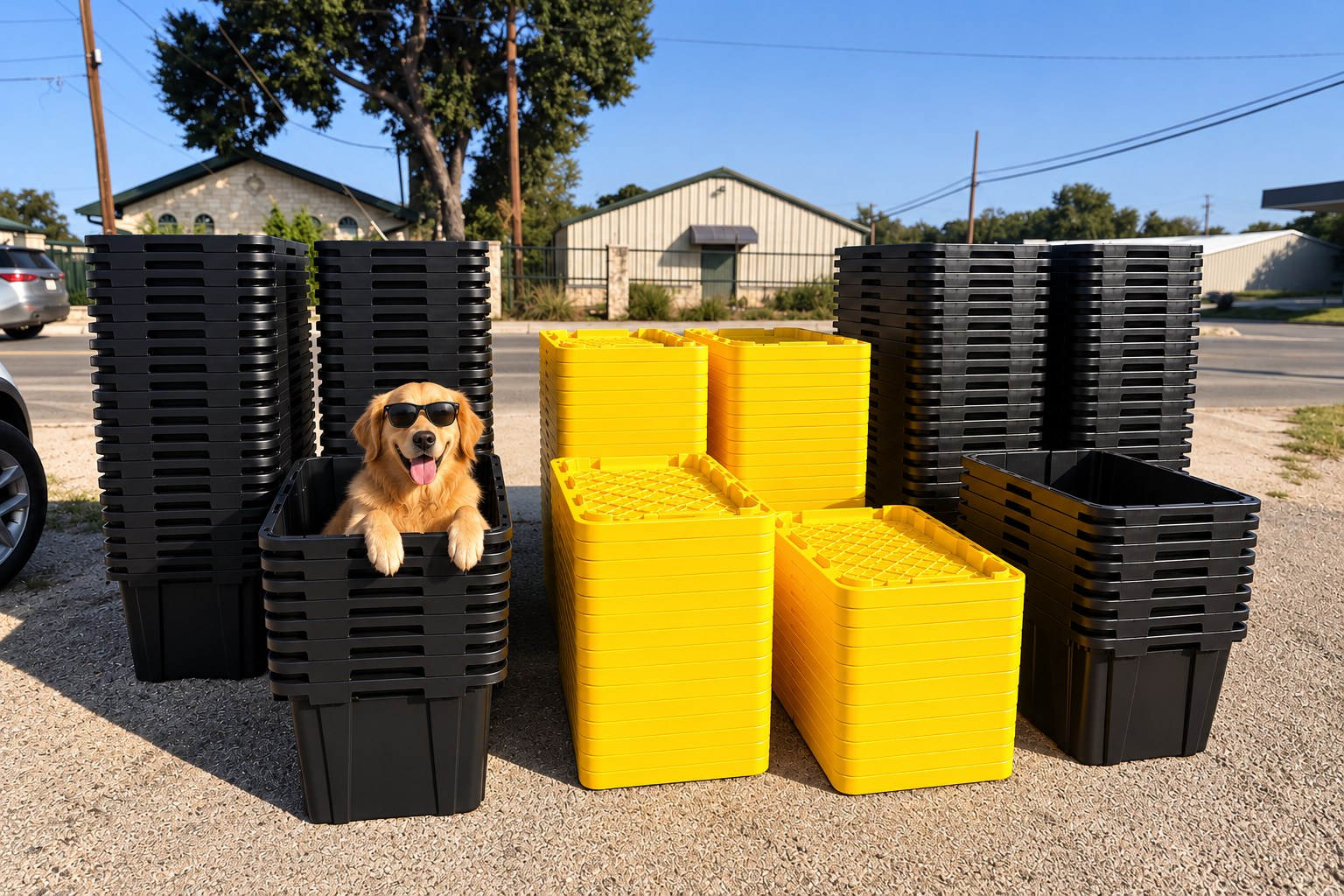 A golden retriever wearing sunglasses sitting inside one of our black moving boxes