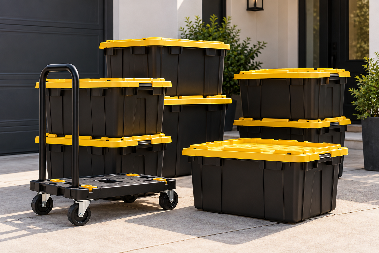 The Yellow Box stack of reusable plastic moving boxes (bins) with yellow lids on a rolling cart, freshly delivered to a home's driveway